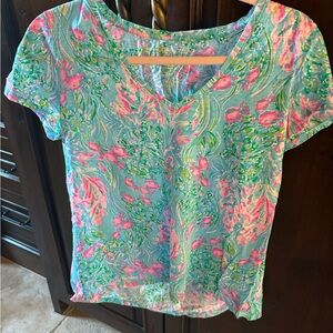 Lilly Pulitzer Pink and Green Floral Short Sleeve Top